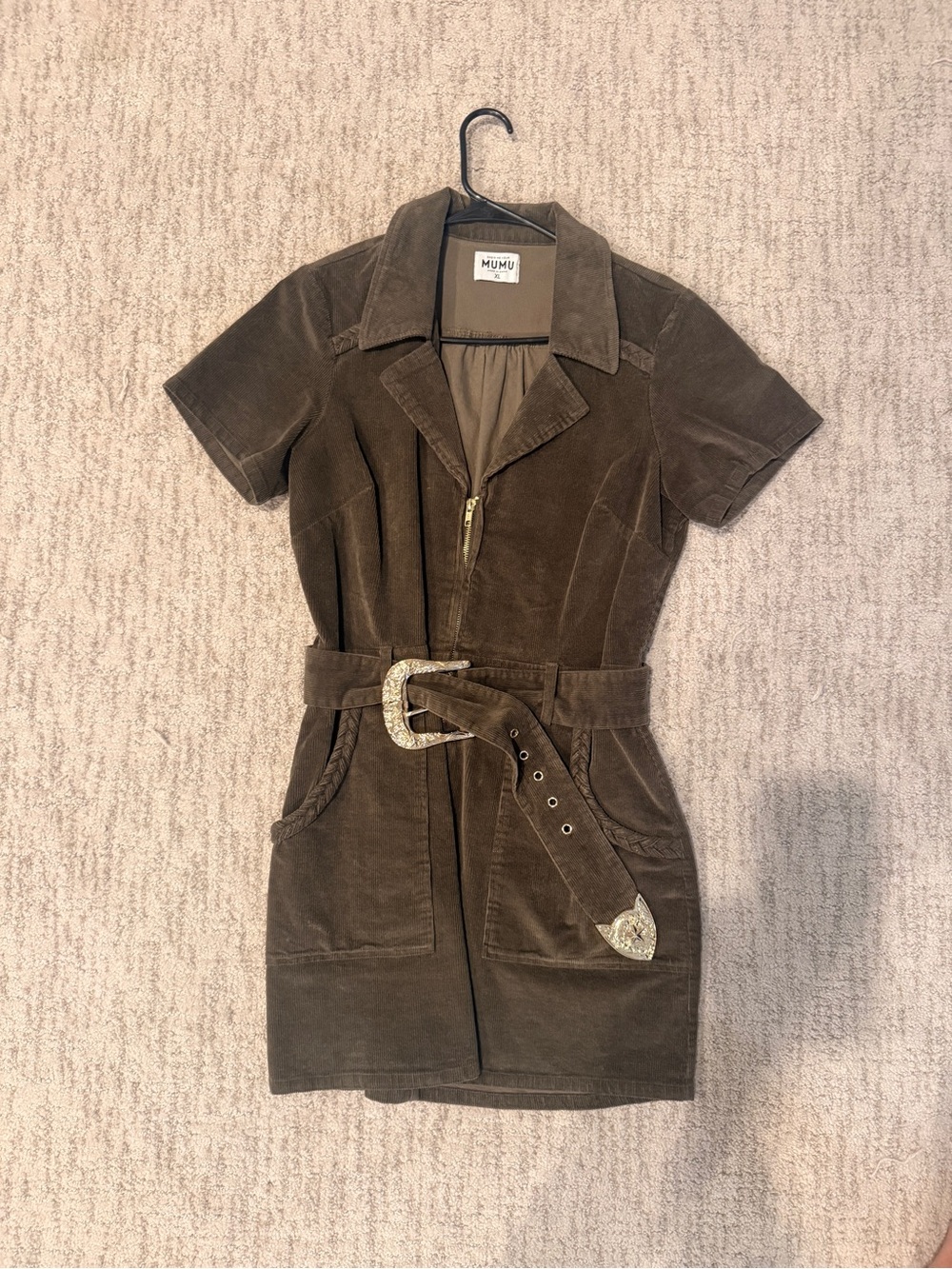 Short Sleeve Corduroy Belted Dress in olive green